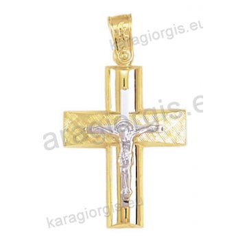 Βαπτιστικός σταυρός Κ14 για αγόρι δίχρωμος χρυσός με ένθετο λευκόχρυσο εσταυρωμένο με λουστρέ και γραμμωτό σαγρέ φινίρισμα
