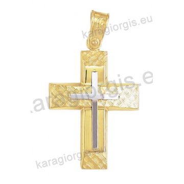 Βαπτιστικός σταυρός Κ14 για αγόρι δίχρωμος χρυσός με γραμμωτό σαγρέ και λουστρέ φινίρισμα με ένθετο λευκόχρυσο σταυρό