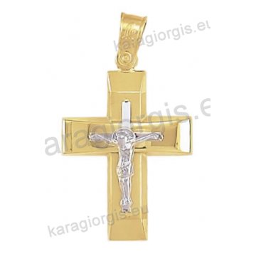 Βαπτιστικός σταυρός Κ14 για αγόρι δίχρωμος χρυσός με ένθετο λευκόχρυσο εσταυρωμένο με λουστρέ και ματ φινίρισμα