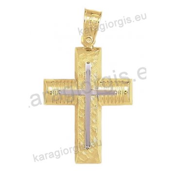 Βαπτιστικός σταυρός Κ14 για αγόρι δίχρωμος χρυσός με γραμμωτό σαγρέ και λουστρέ φινίρισμα με ένθετο λευκόχρυσο σταυρό