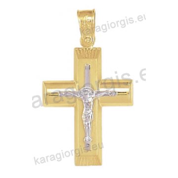 Βαπτιστικός σταυρός Κ14 για αγόρι δίχρωμος χρυσός με ένθετο λευκόχρυσο εσταυρωμένο με λουστρέ και ματ φινίρισμα