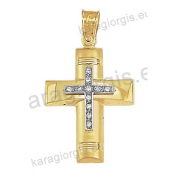 Βαπτιστικός σταυρός για κορίτσι Κ14 δίχρωμος χρυσός με λευκόχρυσο ένθετο σταυρό με λουστρέ και ματ φινίρισμα με άσπρες πέτρες ζιργκόν
