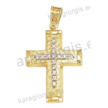 Βαπτιστικός σταυρός για κορίτσι Κ14 χρυσός με λουστρέ και γραμμωτό σαγρέ φινίρισμα με άσπρες πέτρες ζιργκόν