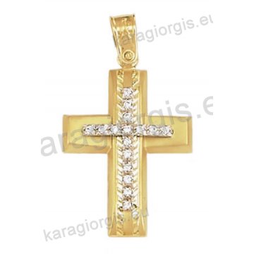 Βαπτιστικός σταυρός για κορίτσι Κ14 χρυσός με ματ και λουστρέ ανάγλυφο φινίρισμα με άσπρες πέτρες ζιργκόν