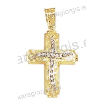 Βαπτιστικός σταυρός για κορίτσι Κ14 δίχρωμος χρυσός με λευκόχρυσο με γραμμωτό σαγρέ φινίρισμα με άσπρες πέτρες ζιργκόν