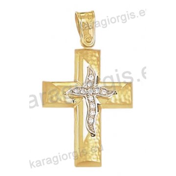 Βαπτιστικός σταυρός για κορίτσι Κ14 χρυσός με λουστρέ και ματ σφυρίλατο φινίρισμα με άσπρες πέτρες ζιργκόν