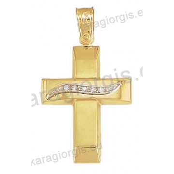 Βαπτιστικός σταυρός για κορίτσι Κ14 δίχρωμος χρυσός με λευκόχρυσο με λουστρέ και ματ φινίρισμα με άσπρες πέτρες ζιργκόν
