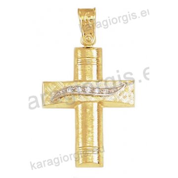 Βαπτιστικός σταυρός για κορίτσι Κ14 δίχρωμος χρυσός με λευκόχρυσο με γραμμωτό σαγρέ και διαμαντέ φινίρισμα με άσπρες πέτρες ζιργκόν