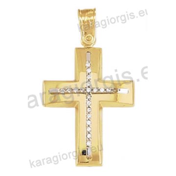 Βαπτιστικός σταυρός για κορίτσι Κ14 δίχρωμος χρυσός με λευκόχρυσο με λουστρέ φινίρισμα με άσπρες πέτρες ζιργκόν