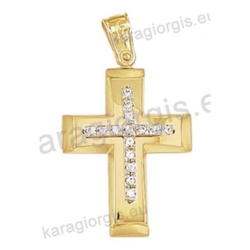 Βαπτιστικός σταυρός για κορίτσι Κ14 χρυσός με λουστρέ και ματ φινίρισμα με άσπρες πέτρες ζιργκόν