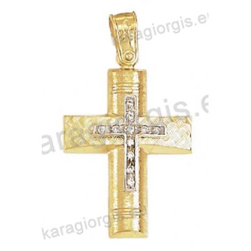 Βαπτιστικός σταυρός για κορίτσι Κ14 χρυσός με γραμμωτό σαγρέ και διαμαντέ φινίρισμα με άσπρες πέτρες ζιργκόν
