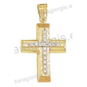 Βαπτιστικός σταυρός για κορίτσι Κ14 χρυσός με λουστρέ και γραμμωτό σαγρέ φινίρισμα με άσπρες πέτρες ζιργκόν