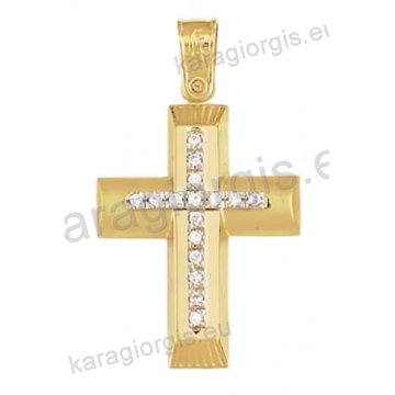 Βαπτιστικός σταυρός για κορίτσι Κ14 χρυσός με λουστρέ και ματ φινίρισμα με άσπρες πέτρες ζιργκόν
