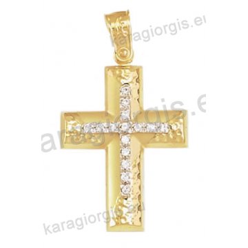 Βαπτιστικός σταυρός για κορίτσι Κ14 χρυσός με ματ και λουστρέ σφυρίλατο φινίρισμα με άσπρες πέτρες ζιργκόν