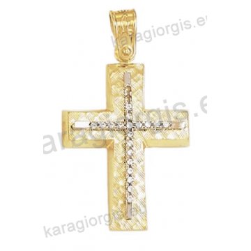 Βαπτιστικός σταυρός για κορίτσι Κ14 δίχρωμος χρυσός με λευκόχρυσο με γραμμωτό σαγρέ φινίρισμα με άσπρες πέτρες ζιργκόν