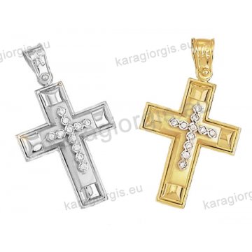 Βαπτιστικός σταυρός διπλής όψεως για κορίτσι Κ14 χρυσός ή λευκόχρυσος με ματ και λουστρέ φινίρισμα με άσπρες πέτρες ζιργκόν