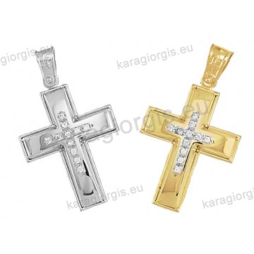 Βαπτιστικός σταυρός διπλής όψεως για κορίτσι Κ14 χρυσός ή λευκόχρυσος με λουστρέ φινίρισμα με άσπρες πέτρες ζιργκόν