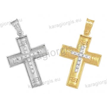 Βαπτιστικός σταυρός διπλής όψεως για κορίτσι Κ14 χρυσός ή λευκόχρυσος με ματ και λουστρέ φινίρισμα με άσπρες πέτρες ζιργκόν