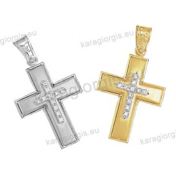 Βαπτιστικός σταυρός διπλής όψεως για κορίτσι Κ14 χρυσός ή λευκόχρυσος με ματ φινίρισμα με άσπρες πέτρες ζιργκόν