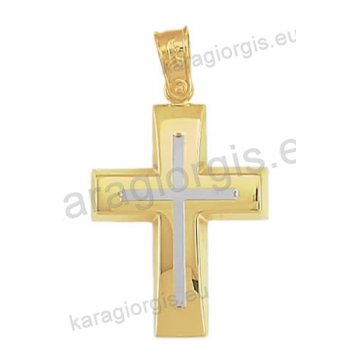 Βαπτιστικός σταυρός για αγόρι Κ14 δίχρωμος χρυσός με ένθετο λευκόχρυσο σταυρό με λουστρέ φινίρισμα 