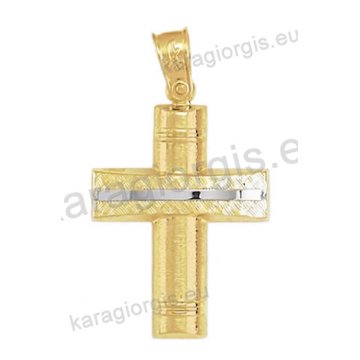 Βαπτιστικός σταυρός για αγόρι Κ14 δίχρωμος χρυσός με λευκόχρυσο με διαμαντέ και γραμμωτό σαγρέ φινίρισμα 