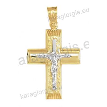 Βαπτιστικός σταυρός για αγόρι Κ14 δίχρωμος χρυσός με ένθετο λευκόχρυσο εσταυρωμένο με λουστρέ και γραμμωτό σαγρέ φινίρισμα 