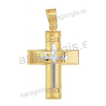 Βαπτιστικός σταυρός για αγόρι Κ14 δίχρωμος χρυσός με ένθετο λευκόχρυσο σταυρό με λουστρέ και ματ φινίρισμα 