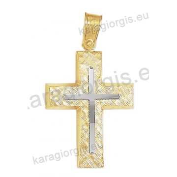 Βαπτιστικός σταυρός για αγόρι Κ14 δίχρωμος χρυσός με ένθετο λευκόχρυσο σταυρό με γραμμωτό σαγρέ φινίρισμα 
