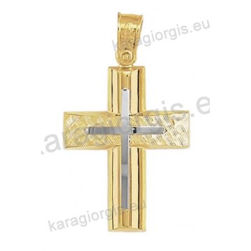 Βαπτιστικός σταυρός για αγόρι Κ14 δίχρωμος χρυσός με ένθετο λευκόχρυσο σταυρό με λουστρέ και γραμμωτό σαγρέ φινίρισμα 