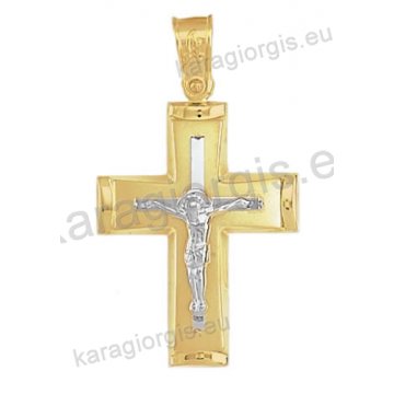 Βαπτιστικός σταυρός για αγόρι Κ14 δίχρωμος χρυσός με ένθετο λευκόχρυσο εσταυρωμένο με ματ και λουστρέ φινίρισμα 