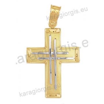 Βαπτιστικός σταυρός για αγόρι Κ14 δίχρωμος χρυσός με διπλό ένθετο λευκόχρυσο σταυρό με ματ και λουστρέ φινίρισμα 