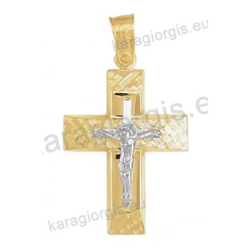 Βαπτιστικός σταυρός για αγόρι Κ14 δίχρωμος χρυσός με ένθετο λευκόχρυσο εσταυρωμένο με λουστρέ και γραμμωτό σαγρέ φινίρισμα 