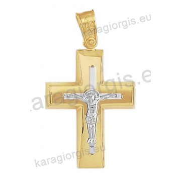 Βαπτιστικός σταυρός για αγόρι Κ14 δίχρωμος χρυσός με ένθετο λευκόχρυσο εσταυρωμένο με λουστρέ φινίρισμα 