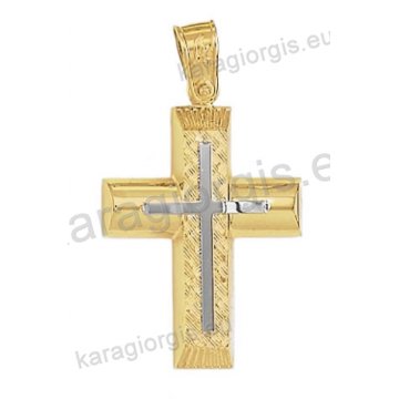 Βαπτιστικός σταυρός για αγόρι Κ14 δίχρωμος χρυσός με ένθετο λευκόχρυσο σταυρό με λουστρέ και γραμμωτό σαγρέ φινίρισμα 