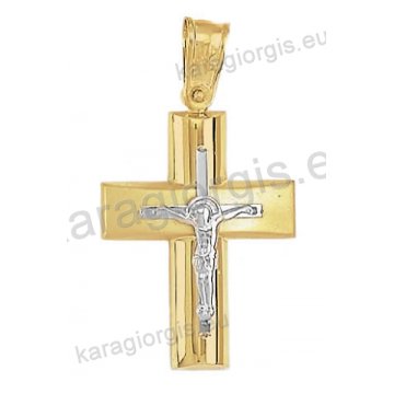 Βαπτιστικός σταυρός για αγόρι Κ14 δίχρωμος χρυσός με ένθετο λευκόχρυσο εσταυρωμένο με λουστρέ και ματ φινίρισμα 