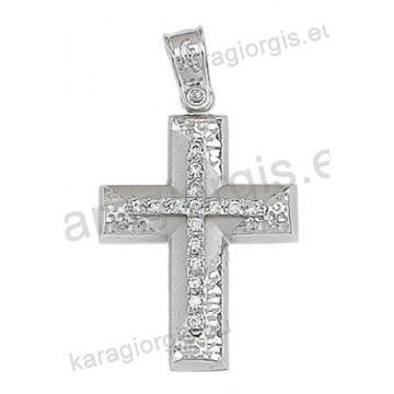 Βαπτιστικός σταυρός για κορίτσι λευκόχρυσος Κ14 με ματ και λουστρέ σφυρίλατο φινίρισμα με άσπρες πέτρες ζιργκόν
