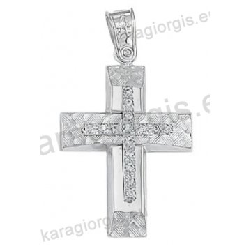 Βαπτιστικός σταυρός για κορίτσι λευκόχρυσος Κ14 με γραμμωτό σαγρέ και λουστρέ φινίρισμα με άσπρες πέτρες ζιργκόν
