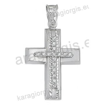 Βαπτιστικός σταυρός για κορίτσι λευκόχρυσος Κ14 με ματ και λουστρέ ανάγλυφο φινίρισμα με άσπρες πέτρες ζιργκόν