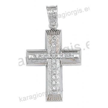 Βαπτιστικός σταυρός για κορίτσι λευκόχρυσος Κ14 με γραμμωτό σαγρέ και λουστρέ φινίρισμα με άσπρες πέτρες ζιργκόν