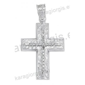 Βαπτιστικός σταυρός για κορίτσι λευκόχρυσος Κ14 με γραμμωτό σαγρέ φινίρισμα με άσπρες πέτρες ζιργκόν