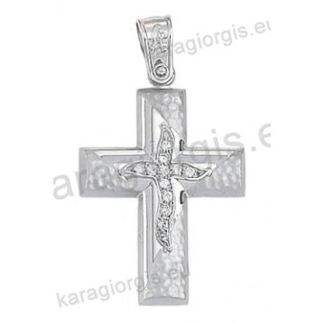 Βαπτιστικός σταυρός για κορίτσι λευκόχρυσος Κ14 με λουστρέ και ματ σφυρίλατο φινίρισμα με άσπρες πέτρες ζιργκόν