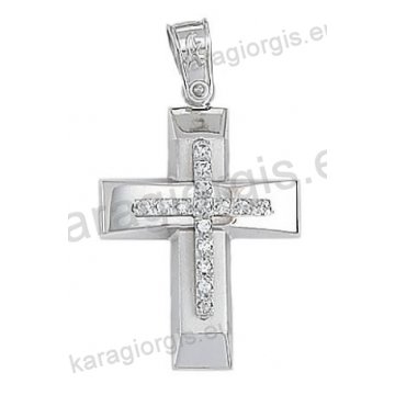 Βαπτιστικός σταυρός για κορίτσι λευκόχρυσος Κ14 με ματ και λουστρέ φινίρισμα με άσπρες πέτρες ζιργκόν
