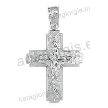 Βαπτιστικός σταυρός για κορίτσι λευκόχρυσος Κ14 με γραμμωτό σαγρέ φινίρισμα με άσπρες πέτρες ζιργκόν