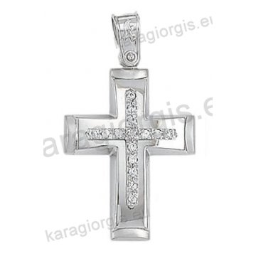 Βαπτιστικός σταυρός για κορίτσι λευκόχρυσος Κ14 με ματ και λουστρέ φινίρισμα με άσπρες πέτρες ζιργκόν