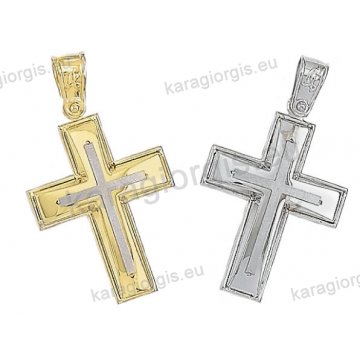 Βαπτιστικός σταυρός διπλής όψεως Κ14 για αγόρι λευκόχρυσος ή δίχρωμος χρυσός με λευκόχρυσο ένθετο σταυρό με λουστρέ φινίρισμα