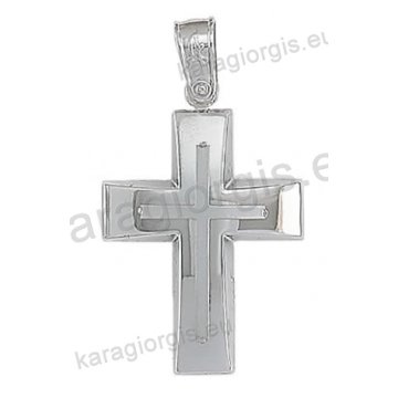 Βαπτιστικός σταυρός για αγόρι λευκόχρυσος Κ14 με ένθετο λευκόχρυσο σταυρό με λουστρέ φινίρισμα