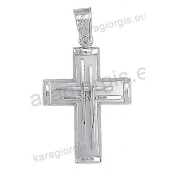 Βαπτιστικός σταυρός για αγόρι λευκόχρυσος Κ14 με διπλό ένθετο λευκόχρυσο σταυρό με λουστρέ και ματ φινίρισμα