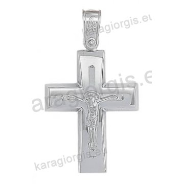 Βαπτιστικός σταυρός για αγόρι λευκόχρυσος Κ14 με ένθετο λευκόχρυσο εσταυρωμένο με λουστρέ φινίρισμα