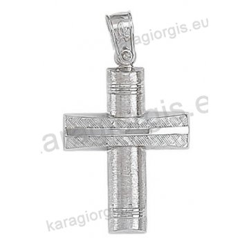Βαπτιστικός σταυρός για αγόρι λευκόχρυσος Κ14 με διαμαντέ και γραμμωτό σαγρέ φινίρισμα