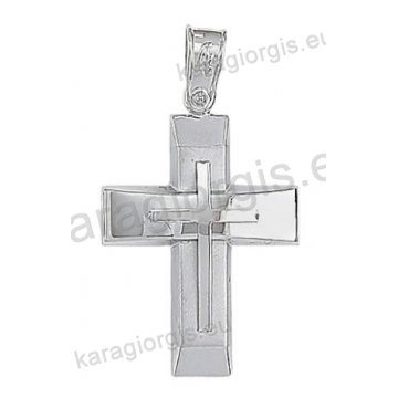 Βαπτιστικός σταυρός για αγόρι λευκόχρυσος Κ14 με ένθετο λευκόχρυσο σταυρό με λουστρέ και ματ φινίρισμα